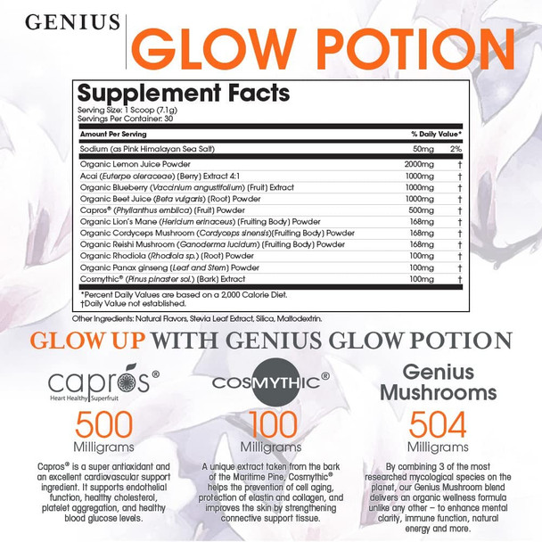 Genius Glow Potion, Anti-Aging Supplement, Acai Berry Powder - Beauty Supplements for Glowing Skin with Genius Mushrooms - All-in-One Wrinkle, Fine Line, Dark Spot Remover & Boosts Skin Repair