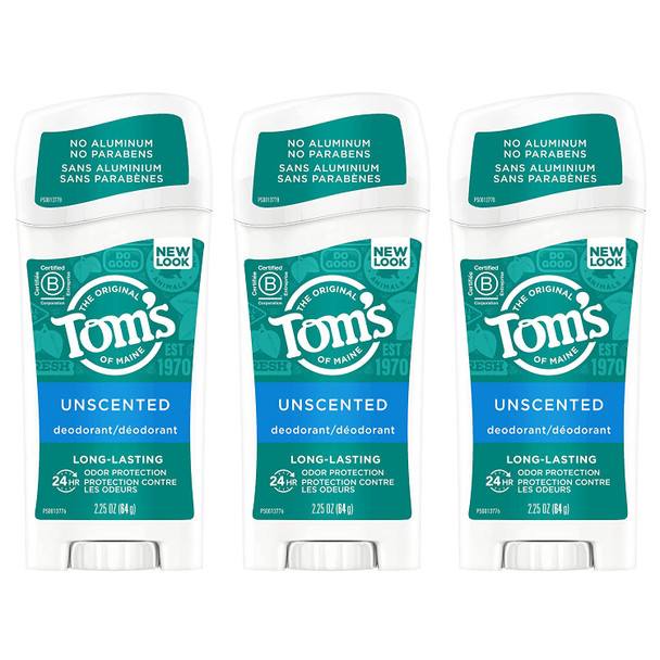 Tom's of Maine Long-Lasting Aluminum-Free Natural Deodorant for Women, Unscented, 2.25 oz. 3-Pack (Packaging May Vary)