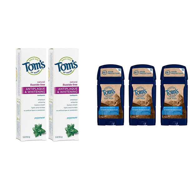 Tom's of Maine Fluoride-Free Antiplaque & Whitening Toothpaste with Tom's of Maine Men's Long Lasting Wide Stick Deodorant, Deodorant for Men, Natural Deodorant, Mountain Spring, 2.8 Ounce, 3-Pack