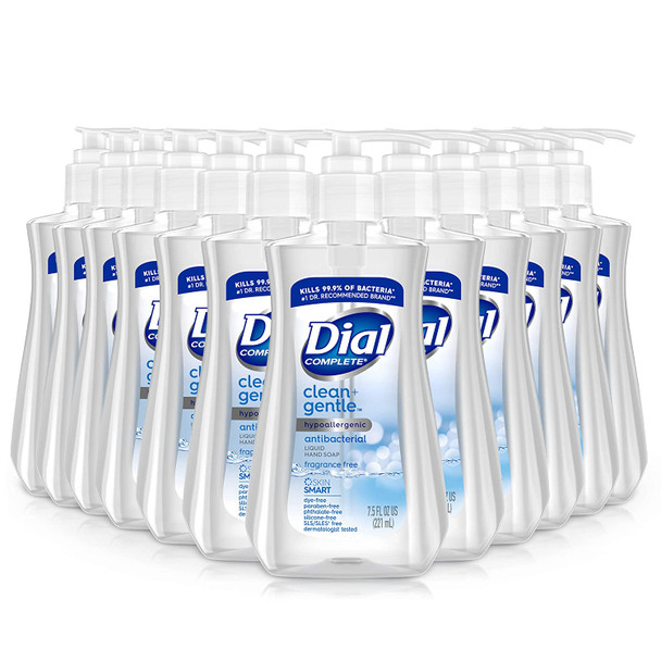 Dial Complete Clean + Gentle Antibacterial Liquid Hand Soap, Fragrance Free, 7.5 fl oz (Pack of 12)