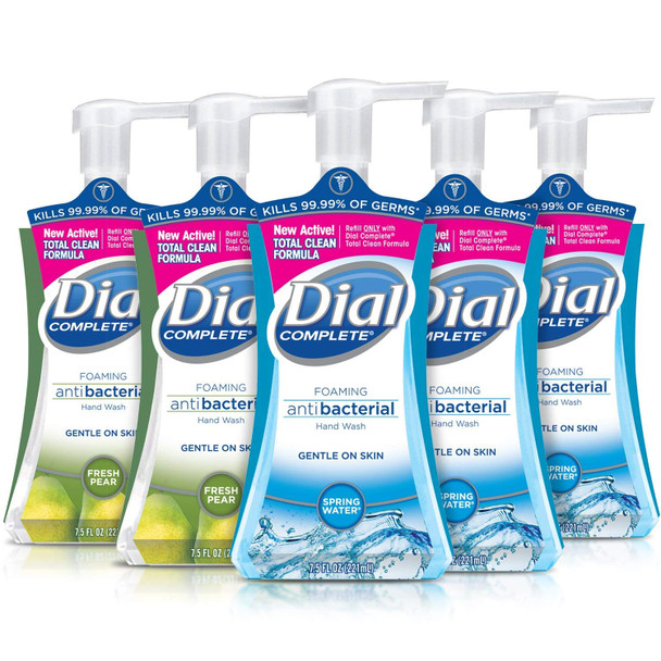 Dial Complete Antibacterial Foaming Hand Soap, 2-Scent Variety Pack, Spring Water/Fresh Pear, 7.5 Fluid Ounces Each , 5 count (Pack of 1)