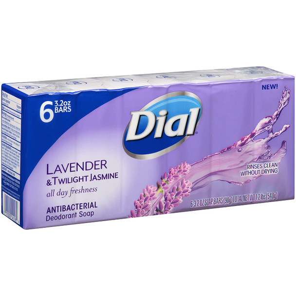Dial Antibacterial Deodorant Bar Soap, Lavender & Twilight Jasmine, 6 Bars - 3.2 Oz Each