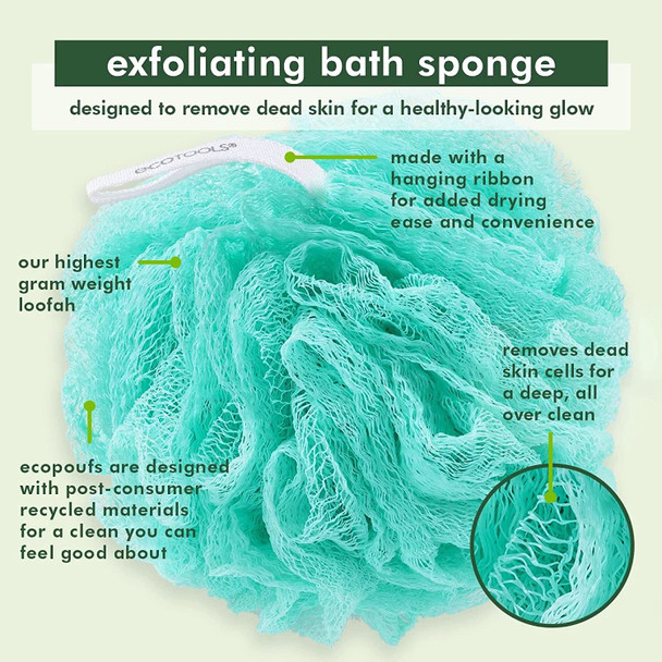 EcoTools Exfoliating EcoPouf Bath Sponge, Deep Cleansing Body Loofah, Removes Dirt & Impurities, Reveals Soft, Smooth Skin, Bath & Shower Pouf for Men & Women, Assorted Colors, 3 Count