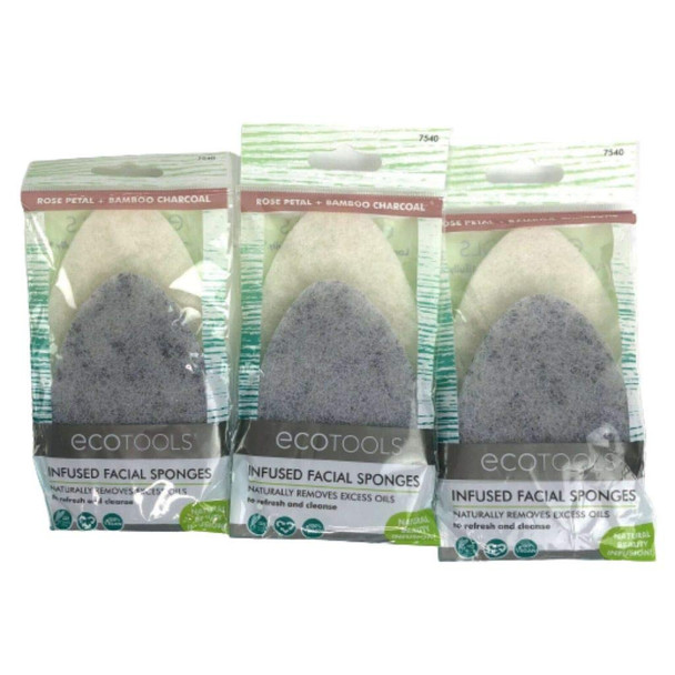 EcoTools Infused Facial Sponges, Rose Petal Bamboo Charcoal, Set of 3