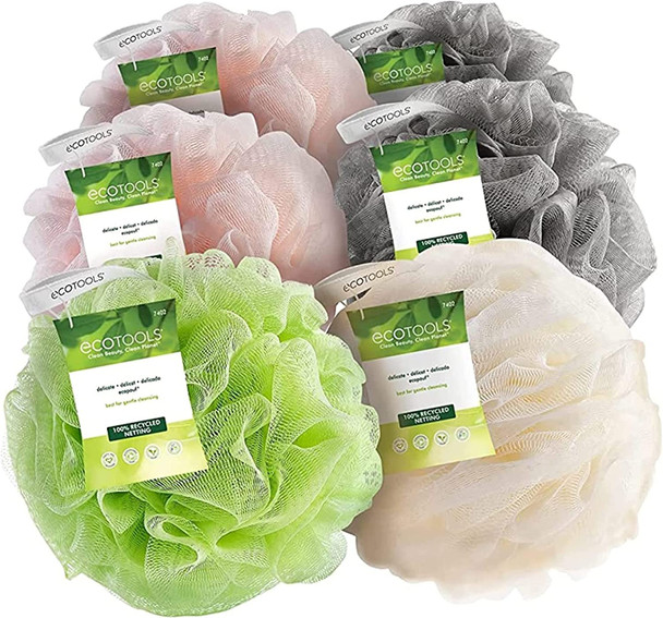 EcoTools Recycled Delicate Bath Sponge Body Scrubber Cleaning Loofah for Shower and Bath - in Assorted Colors, Green, White, Pink, and Gray (Pack of 6) - Perfect for Men & Women