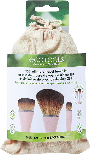 EcoTools 360 Ultimate Compact Hemp Makeup Brush Set with + Makeup Travel Bag, Set of 3 Brushes