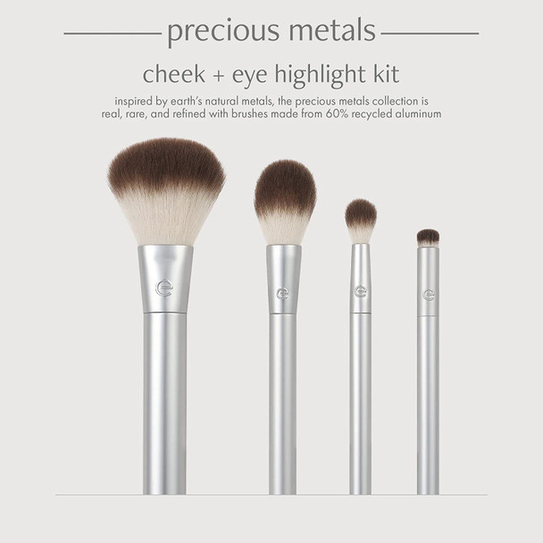 EcoTools Precious Metals Cheek & Eye Highlight Makeup Brush Set, Face Brush Set, Ecofriendly Makeup Brush Kit, Recycled Aluminum, Chrome, Precision, 4 Piece Set