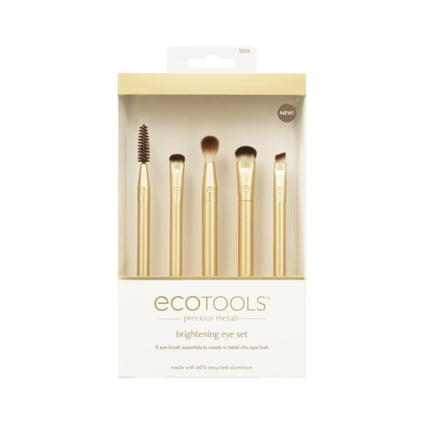 EcoTools Precious Metals Brightening Eye Set, Eye Brush Kit, Precision Makeup Brushes For Eyeshadow, Eco-friendly Makeup Brush Kit, Recycled Aluminum, Chrome, 5 Piece Set