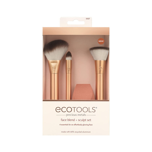 EcoTools Precious Metals Face Blend & Sculpt Set, Makeup Brush Kit, Foundation Brush, Ecofriendly Makeup Brush Kit, Recycled Aluminum, Chrome, Precision, 4 Piece Set