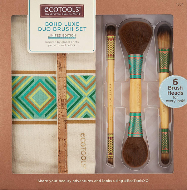 Eco Tools Boho Luxe Duo Bamboo Make Up Brush Set With Recycled Aluminum Ferrules Double Sided Brush Collection Artist Designed and Cruelty Free (Set of 3) Brown