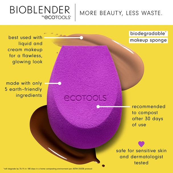 EcoTools Bioblender Makeup Sponge, Biodegradable Makeup Blender, Eco-Friendly, For Foundation and Base Coverage, Works Best With Liquid & Cream Products, Cruelty Free & Vegan, Purple, 1 Count