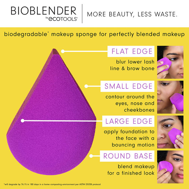 EcoTools Bioblender Makeup Sponge, Biodegradable Makeup Blender, Eco-Friendly, For Foundation and Base Coverage, Works Best With Liquid & Cream Products, Cruelty Free & Vegan, Purple, 1 Count
