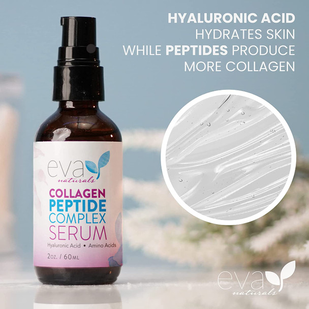 Collagen Peptide Serum - Best Anti Aging Collagen Serum for Face, Skin Brightening, Reduces Fine Lines & Wrinkles, Heals, and Repairs Skin, Microneedling Serum with Aloe Vera & Hyaluronic Acid - Peptide Complex Face Serum by Eva Naturals (2 oz)