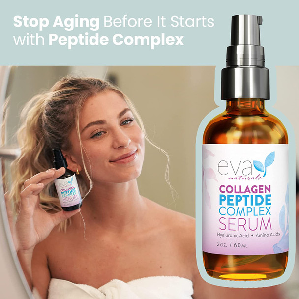 Collagen Peptide Serum - Best Anti Aging Collagen Serum for Face, Skin Brightening, Reduces Fine Lines & Wrinkles, Heals, and Repairs Skin, Microneedling Serum with Aloe Vera & Hyaluronic Acid - Peptide Complex Face Serum by Eva Naturals (2 oz)