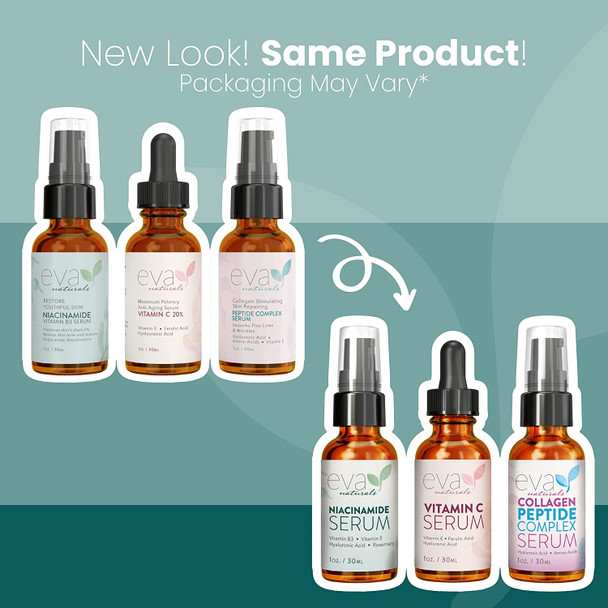 Natural Firm & Glow Skincare Set of 3 Serums  Skin Care Products With 20% Vitamin C Serum, Peptide Complex Serum, Niacinamide Vitamin B3 Serum - Peptides Serum for Face - Face Serum by Eva Naturals