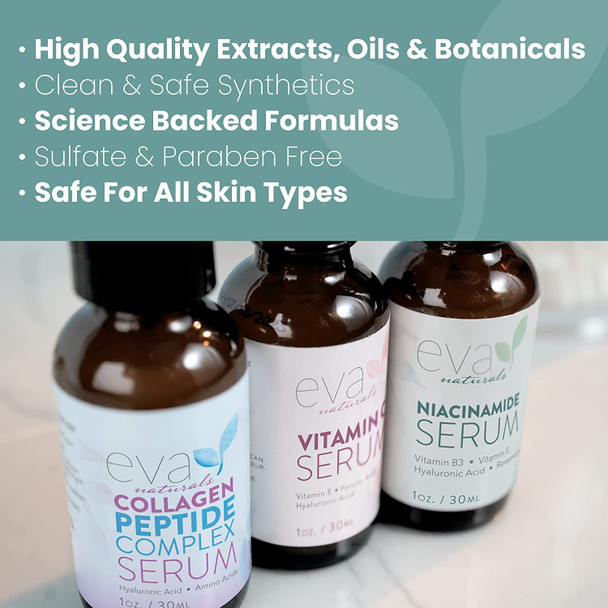 Natural Firm & Glow Skincare Set of 3 Serums  Skin Care Products With 20% Vitamin C Serum, Peptide Complex Serum, Niacinamide Vitamin B3 Serum - Peptides Serum for Face - Face Serum by Eva Naturals