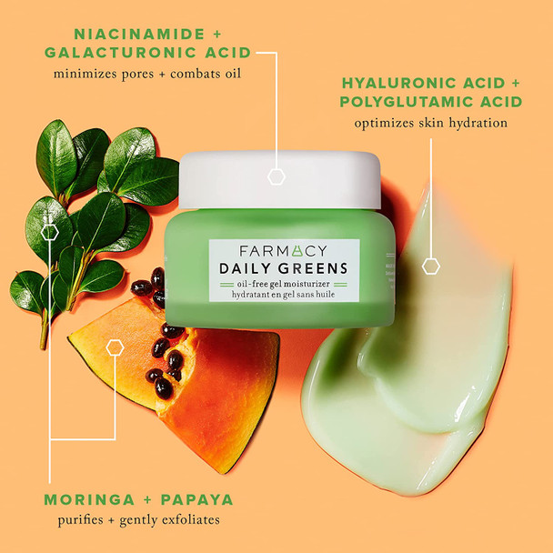 Farmacy Daily Greens Oil Free Gel Face Moisturizer - Daily Facial Moisturizing Cream with Hyaluronic Acid - New Fragrance-Free Formula
