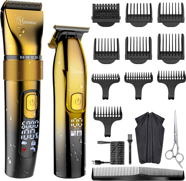 Hatteker Professional Hair Clippers and T-Blade Trimmer Kit for Men Cordless Beard Barber Clipper Hair Cutting Kit Haircut Grooming Kit IPX7 Waterproof (Gold)