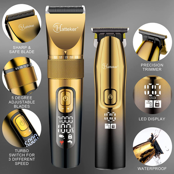 Hatteker Professional Hair Clippers and T-Blade Trimmer Kit for Men Cordless Beard Barber Clipper Hair Cutting Kit Haircut Grooming Kit IPX7 Waterproof (Gold)