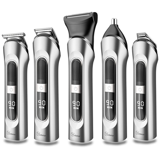 Hatteker Beard Trimmer for Men Hair Clipper Cordless Mustache Nose Trimmer Body Groomer Hair Cutting Kit Precision Trimmer USB Rechargeable Waterproof 5 in 1(Silver)