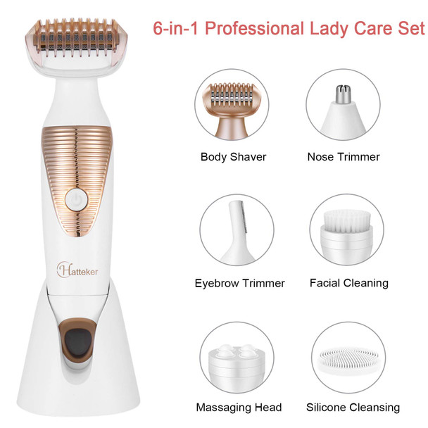 Hatteker 6 in 1 Electric Razor Foil Shaver for Women Hair Removal Remover Bikini Line Trimmer Lady Epilator Nose Eyebrow Body Area Leg Armpit Underarm Cordless Painless Rechargeable Waterproof Wet&Dry