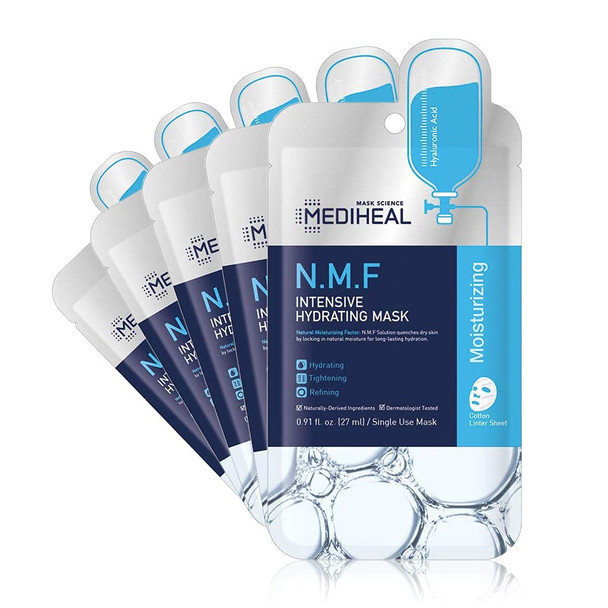 MEDIHEAL Official [Korea's No 1 Sheet Mask] - 5 Pack N.M.F Intensive Hydrating Mask/Ultra Moisturizing & Soothing 100% Cotton Sheet Facial Mask, NMF & Hyaluronic Acid & Witch Hazel Contained