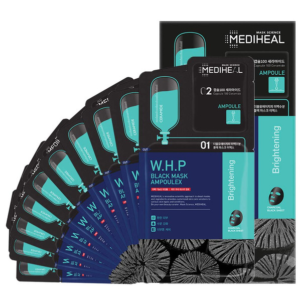 Mediheal W.H.P Black Mask Ampoulex 10 Masks, 2 Step Skin Care - Cotton Facial Mask with Ceramide Ampoule Serum, Charcoal Moisturizing Masks for Pore Minimizing, Skin Clearing, and Instant Hydration