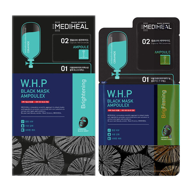 Mediheal W.H.P Black Mask Ampoulex 10 Masks, 2 Step Skin Care - Cotton Facial Mask with Ceramide Ampoule Serum, Charcoal Moisturizing Masks for Pore Minimizing, Skin Clearing, and Instant Hydration