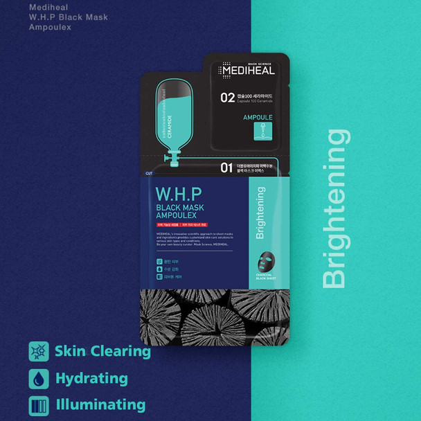 Mediheal W.H.P Black Mask Ampoulex 10 Masks, 2 Step Skin Care - Cotton Facial Mask with Ceramide Ampoule Serum, Charcoal Moisturizing Masks for Pore Minimizing, Skin Clearing, and Instant Hydration