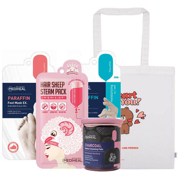 Mediheal OFFICIAL DELUXE SET Hair, Foot, Hand Mask Combo Pack - Hair Pack 5 Sheets, Foot Mask 5 Pairs, Hand Mask 10 Pairs, Line Friends Tote Bag, Bubble Cleansing Pads 20 Pads