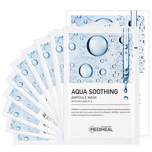 Mediheal Aqua Soothing Ampoule Mask 10Pack - Hyaluronic Acid Intensive Hydrating Sheet Mask for Dry and Flaky Skin, Healthy Glow Smooth Skin, Ultra Adhesion Tencel Sheet