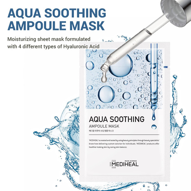 Mediheal Aqua Soothing Ampoule Mask 10Pack - Hyaluronic Acid Intensive Hydrating Sheet Mask for Dry and Flaky Skin, Healthy Glow Smooth Skin, Ultra Adhesion Tencel Sheet