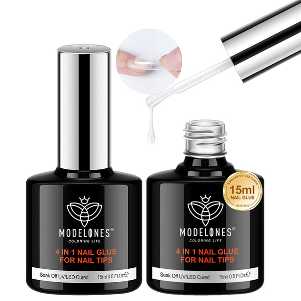 Modelones 4 in 1Nail Glue Gel Nail Glue for Acrylic Nails UV Nail Glue for Press on Nails 15ml Multi-Purpose Glue Rhinestone Glue for Nail, Nail Tips Glue, Base Coat, Blooming Gel Lamp Needed 2Pcs