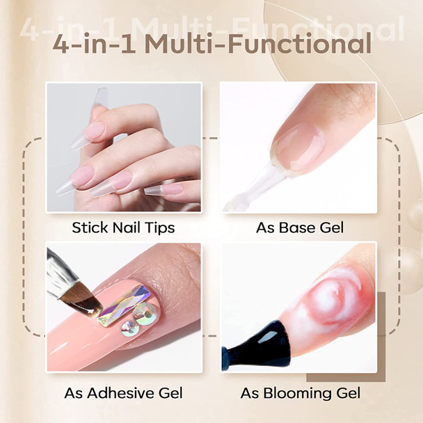 Modelones 4 in 1Nail Glue Gel Nail Glue for Acrylic Nails UV Nail Glue for Press on Nails 15ml Multi-Purpose Glue Rhinestone Glue for Nail, Nail Tips Glue, Base Coat, Blooming Gel Lamp Needed 2Pcs