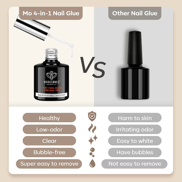 Modelones 4 in 1Nail Glue Gel Nail Glue for Acrylic Nails UV Nail Glue for Press on Nails 15ml Multi-Purpose Glue Rhinestone Glue for Nail, Nail Tips Glue, Base Coat, Blooming Gel Lamp Needed 2Pcs