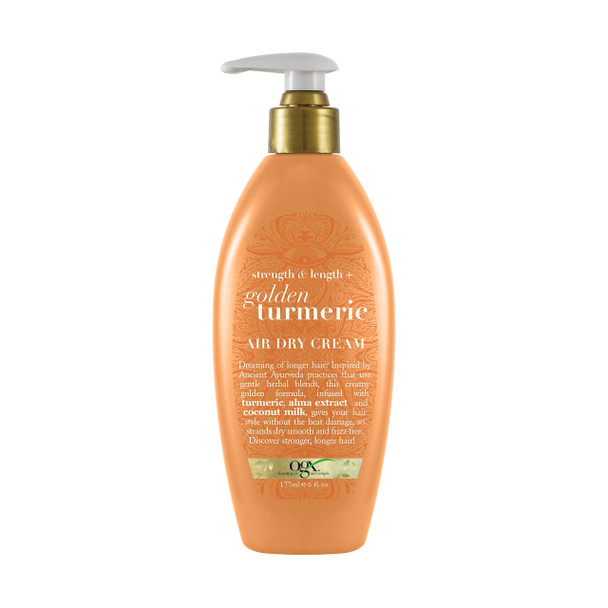 OGX Strength & Length + Golden Turmeric Anti-Frizz Air Dry Hair Cream with Coconut Milk to Nourish Hair, Leave-In Moisturizing Hair Treatment to Smooth Frizzy Hair, 6 oz