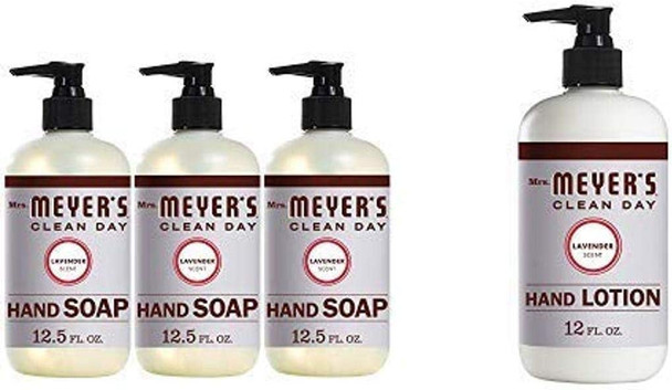 Mrs. Meyers Clean Day Liquid Hand Soap Bottle, Lavender Scent, 12.5 Fl Oz, Pack of 3 and Mrs. Meyers Clean Day Hand Lotion, Lavender Scent, 12 Ounce Bottle