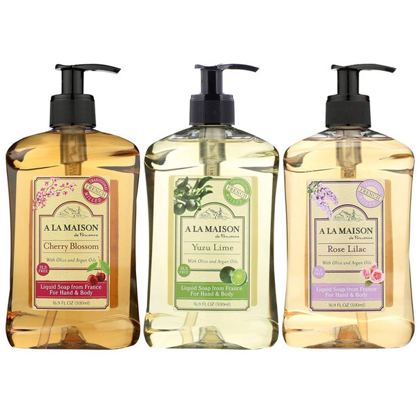 A LA MAISON Liquid Hand Soap Variety Pack - Cherry Blossom, Yuzu Lime, and Rose Lilac Triple French Milled Natural Moisturizing (3 Pack, 16.9 oz Bottle)