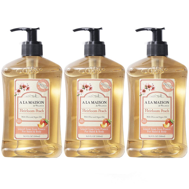 A LA MAISON Heirloom Peach Liquid Hand Soap | 16.9 Fl oz. Pump Bottles Moisturizing Natural Hand Wash Soap | Triple French Milled | Gentle To Hands | (3 Pack)