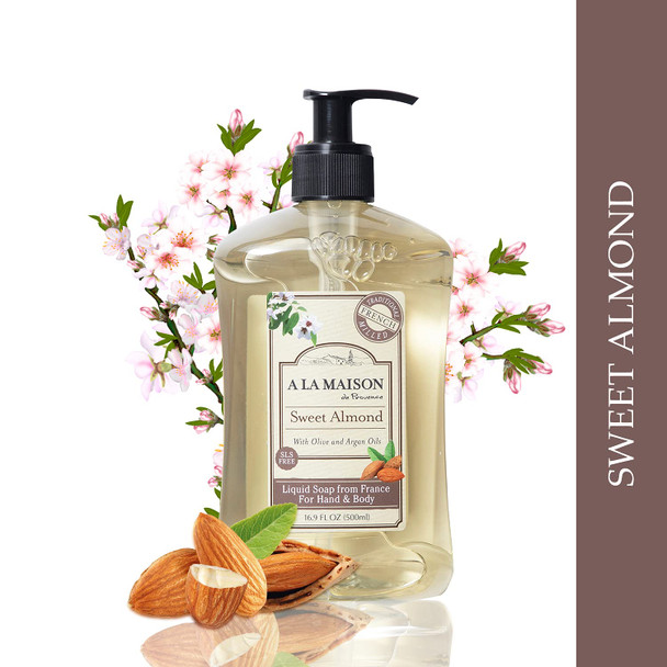 A LA MAISON Sweet Almond Liquid Hand Soap - Triple French Milled Natural Moisturizing (2 Pack, 16.9 oz Bottle)