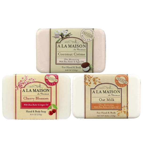 A LA MAISON de Provence Bar Soap | Coconut Creme, Cherry Blossom & Oat Milk Bar Scent | French Milled Moisturizing Natural Hand and Body Soap | 8.8 Oz each (3 Pack)