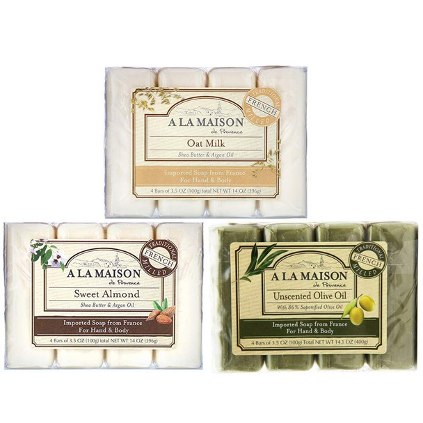 A LA MAISON de Provence Bar Soap |Oat Milk, Sweet Almond & Unscented Olive Oil Scent | French Milled Moisturizing Natural Hand and Body Soap | 8.8 Oz each (3 Pack)