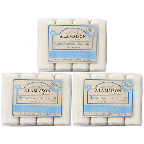 A LA MAISON Hypoallergenic Unscented Bar Soap - Triple French Milled Natural Moisturizing Hand Soap Bar (12 Bars of Soap, 3.5 oz)