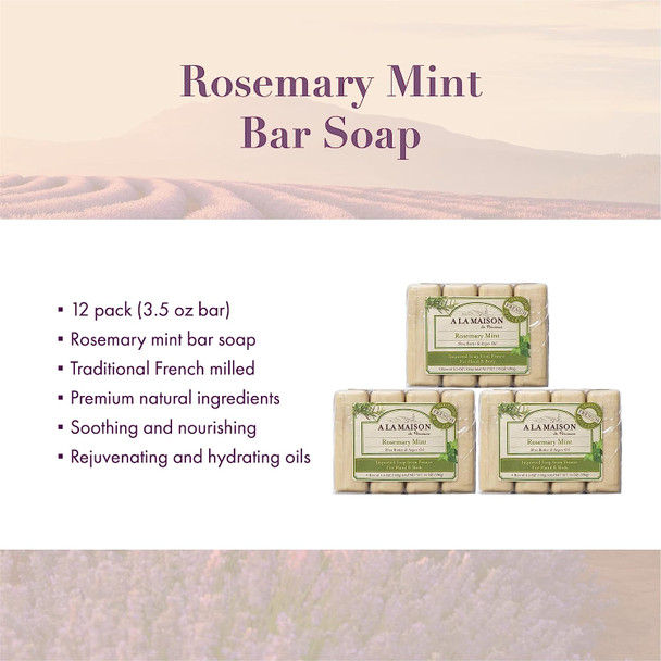 A LA MAISON Rosemary Mint Bar Soap - Triple French Milled Natural Moisturizing Hand Soap Bar (12 Bars of Soap, 3.5 oz)