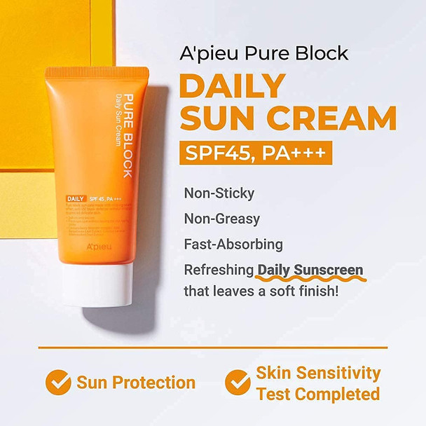A'PIEU Pure Block Daily Sunscreen Cream SPF45/PA+++ 3.38 fl oz + Pure Block Aqua Sun Gel SPF50+/PA+++ 1.69 fl oz Bundle