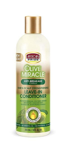 African Pride Olive Miracle Leave-In Conditioner (3 Pack) enriched with olive oil and tea tree to seal in moisture and prevent breakage. 12oz.