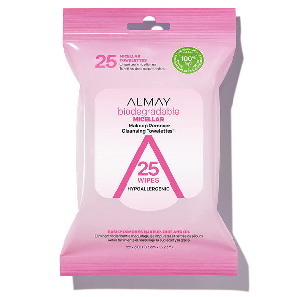 Almay Makeup Remover Cleansing Towelettes, Biodegradable Micellar Water Wipes for Sensitive Skin, Hypoallergenic, Cruelty Free, Fragrance Free, 25 Count