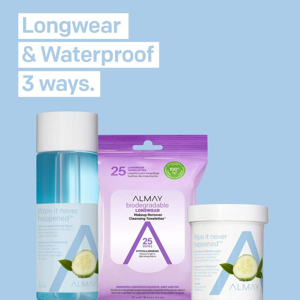 Almay Longwear & Waterproof Eye Makeup Remover Pads, Hypoallergenic, Cruelty Free, Ophthalmologist Tested, 80 Pads