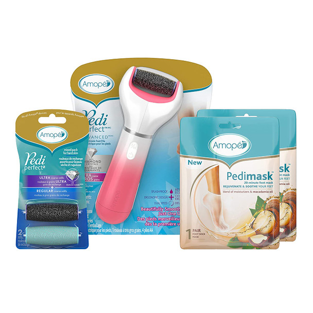 Amope Pedi Perfect Spa Experience Pampering Pack containing an Electronic Foot File, 2 Pairs of Macadamia Oil Foot Masks and 2 Refills (Packaging May Vary)
