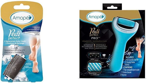 Amope Pedi Perfect Electronic Foot File Mixed Refills, 2 Count, Regular & Extra Coarse and Pedi Perfect Wet & Dry Foot File, Callous Remover for Feet, Hard and Dead Skin - Rechargeable & Waterproof